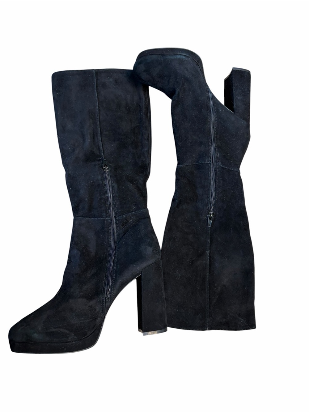 Marcello Black Tall Suede Leather Boots Size 9.5 Block Heel Knee High